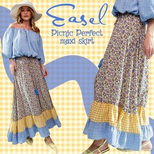 EASEL "Picnic Perfect" Mixed  Gingham Floral Plaid Print Flowy Skirt Dress Tiers